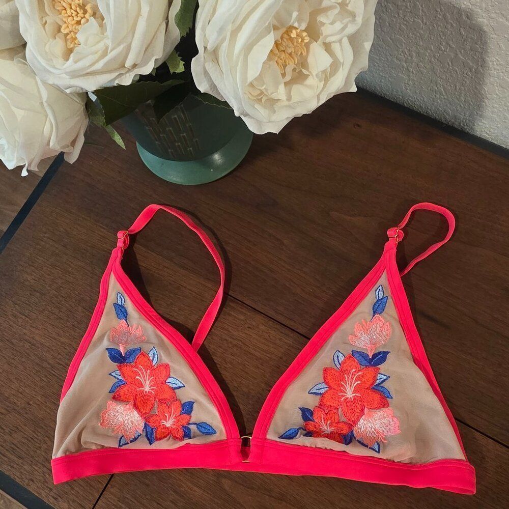 PINK Victoria’s Secret Neon Embroidered Bikini Top Sz L